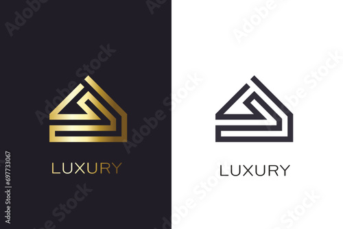 Modern Luxury Real Estate Logo - A Sleek, Geometric House Outline in Gold and Monochrome Variants, Conveying Elegance and Exclusivity