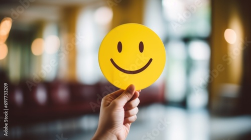 Smiling face on yellow sticker in female hand, social media concept photo