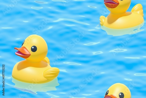 Yellow ubber ducks floating in blue water, a playful and cheerful image ideal for children's themes and bath time , seamless background, wrapping paper adventures