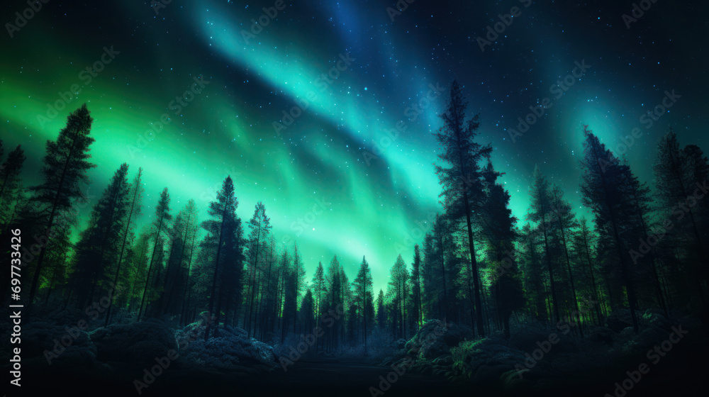 A stunning forest landscape with the Northern Lights overhead A stunning forest landscape with the Northern Lights overhead