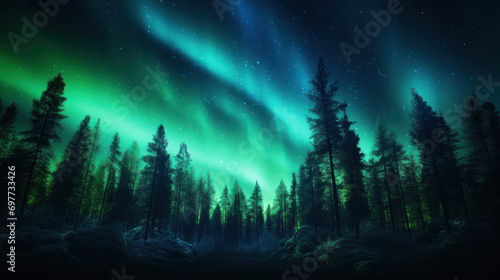 A stunning forest landscape with the Northern Lights overhead © basketman23
