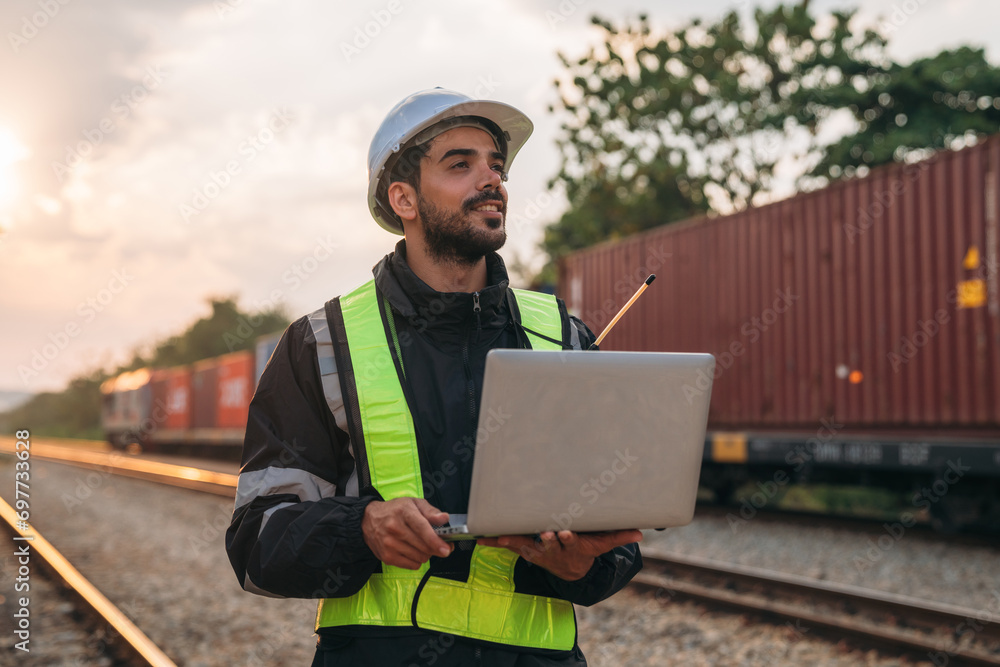 Foreman checking inventory or task details on freight train cars and shipping containers. Logistics concept, import, and export industries. - obrazy, fototapety, plakaty 