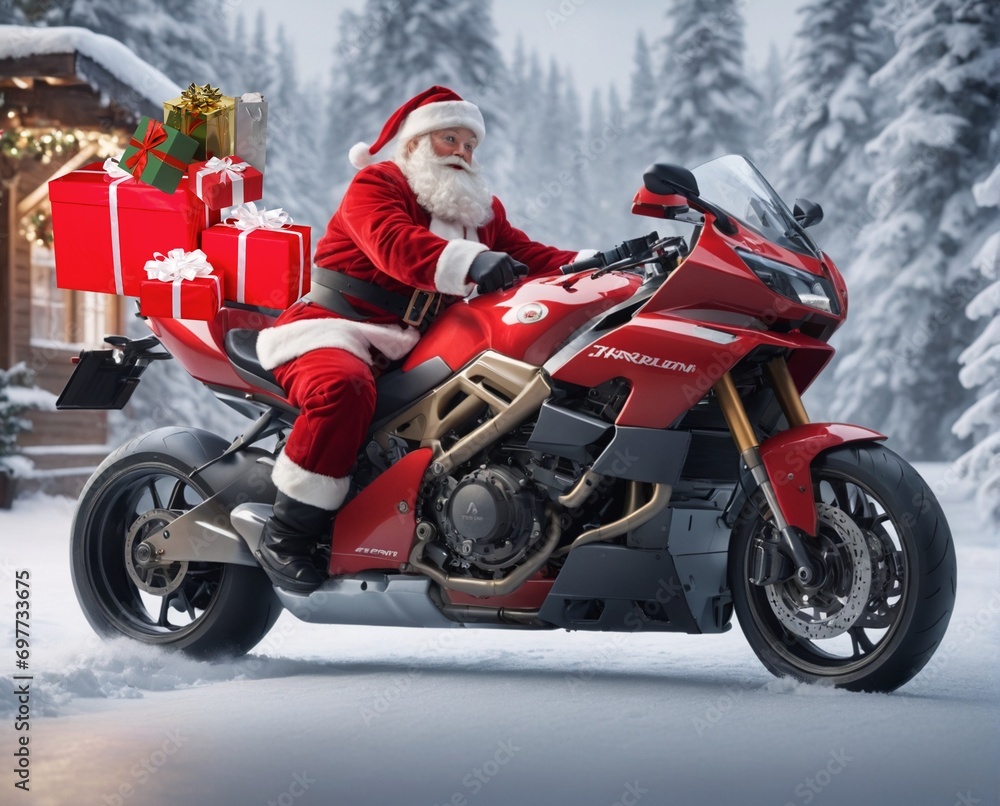 modern Santa Claus, Santa on sports bike, unique presents, stylish Santa, Santa of the modern era, Santa of the century, contemporary Christmas, fashionable Santa, trendy holiday gifts, modern festive
