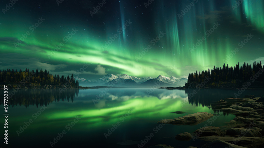 A remote cabin glowing under the brilliance of the Aurora Borealis