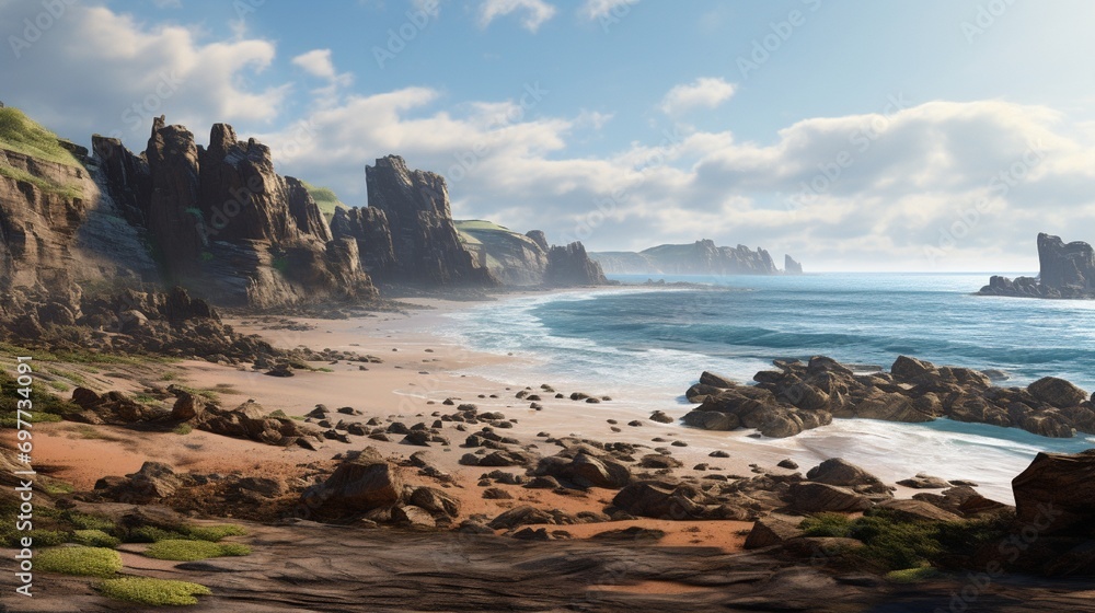 An expansive view of an ocean bay, surrounded by cliffs that have been eroded over millennia.