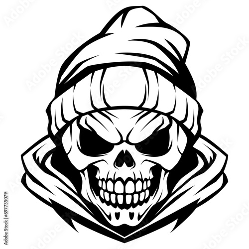 Angry skull with tuque drawing design vector illustration black and white isolated on white background