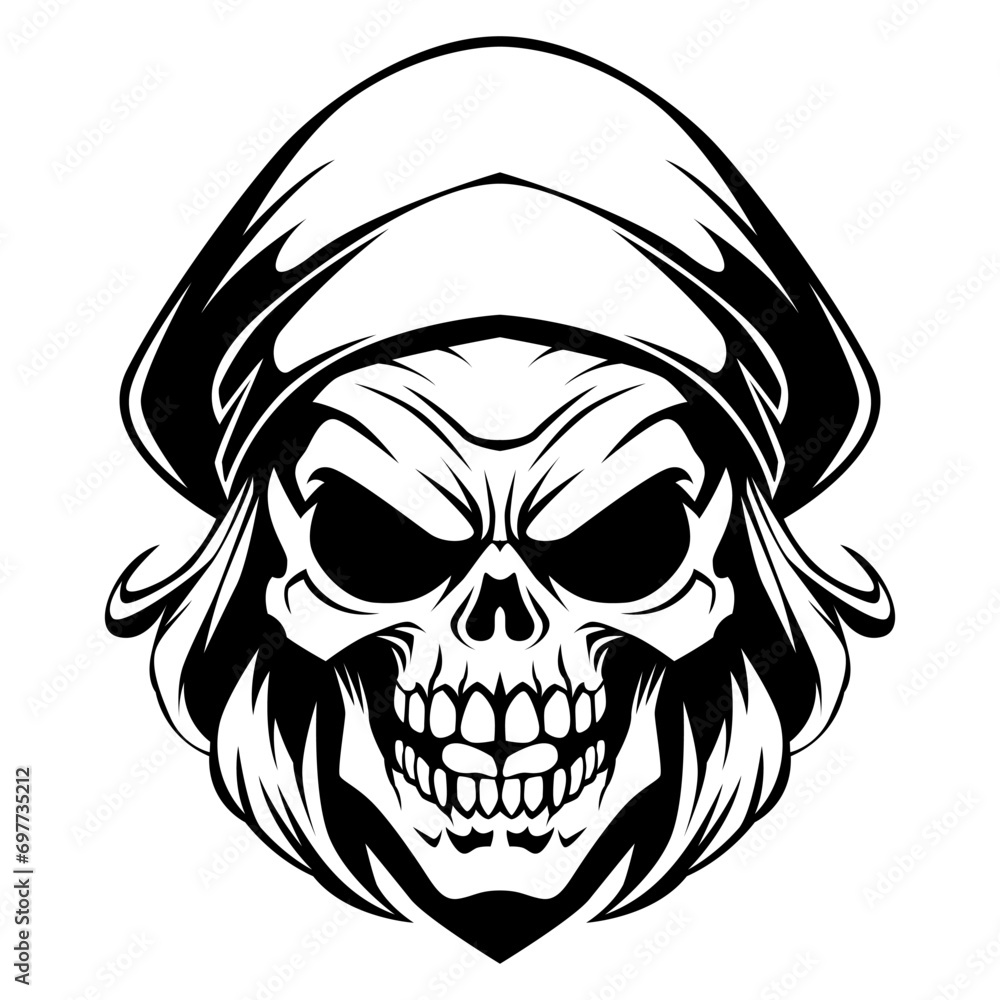 Fototapeta premium Captain skull drawing black and white vector illustration
