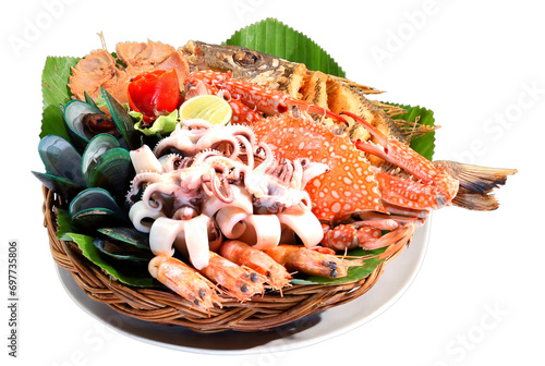 seafood platter contain blue crab, squid, rock lobster, mussel, shrimp