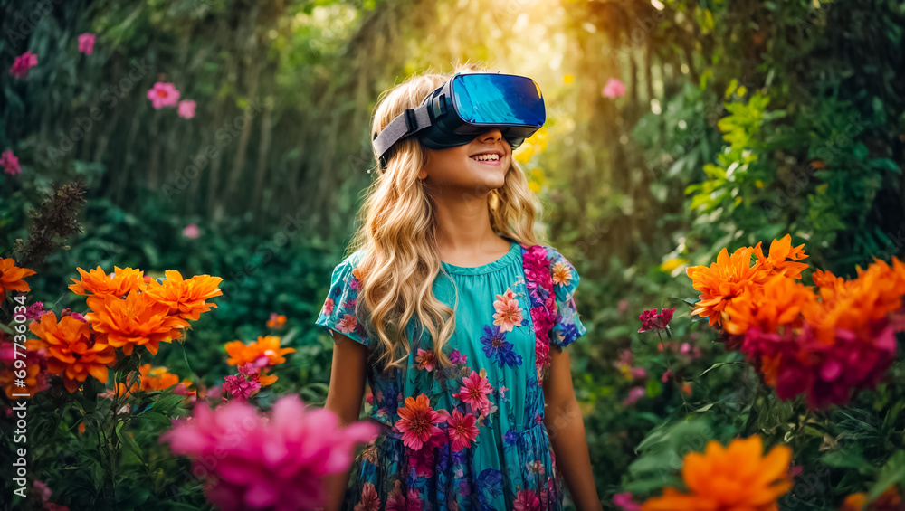 Little girl  looking wearing virtual reality glasses in the forest, flowers