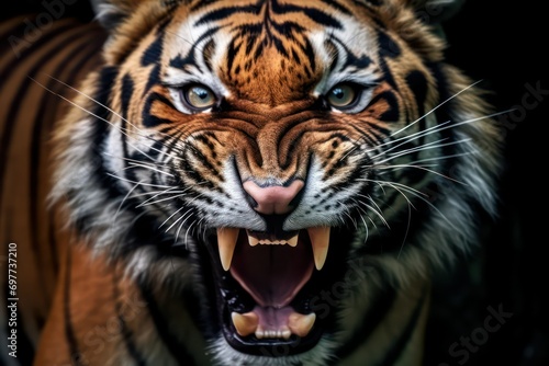 Angry roaring Royal Bengal tiger in the wild, Endangered animal of Sundarbans Indian- Bangladesh, Big cat Panthera Tigris animal photography  © Mohammad