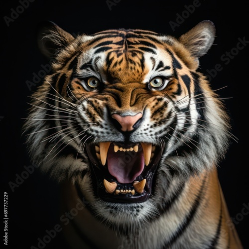 Angry roaring Royal Bengal Tiger isolated on black background, Endangered animal of Sundarbans