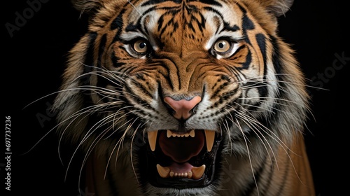 Angry roaring Royal Bengal Tiger isolated on black background, Endangered animal of Sundarbans © Mohammad