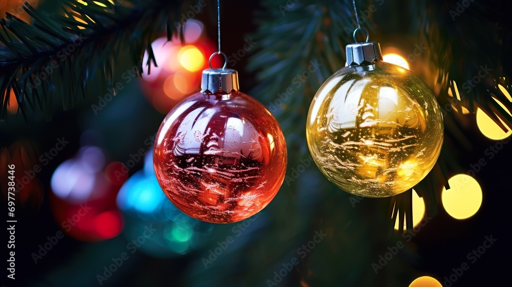 Glass-Christmas-Ornaments, rest on green tree branches with a few snowflakes that glisten. Strands of multi-colored OLED lights cast a glow. Night. Rim Lighting. Brilliant colors Glass-Christmas-Ornaments, rest on green tree branches with a few snowflakes that glisten. Strands of multi-colored OLED lights cast a glow. Night. Rim Lighting. Brilliant colors