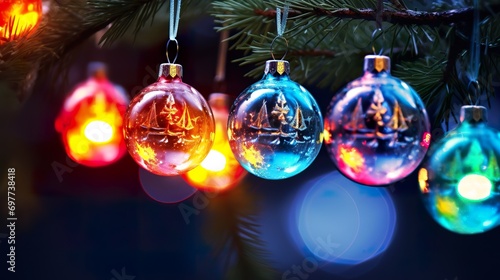 Glass-Christmas-Ornaments  rest on green tree branches with a few snowflakes that glisten. Strands of multi-colored OLED lights cast a glow. Night. Rim Lighting. Brilliant colors