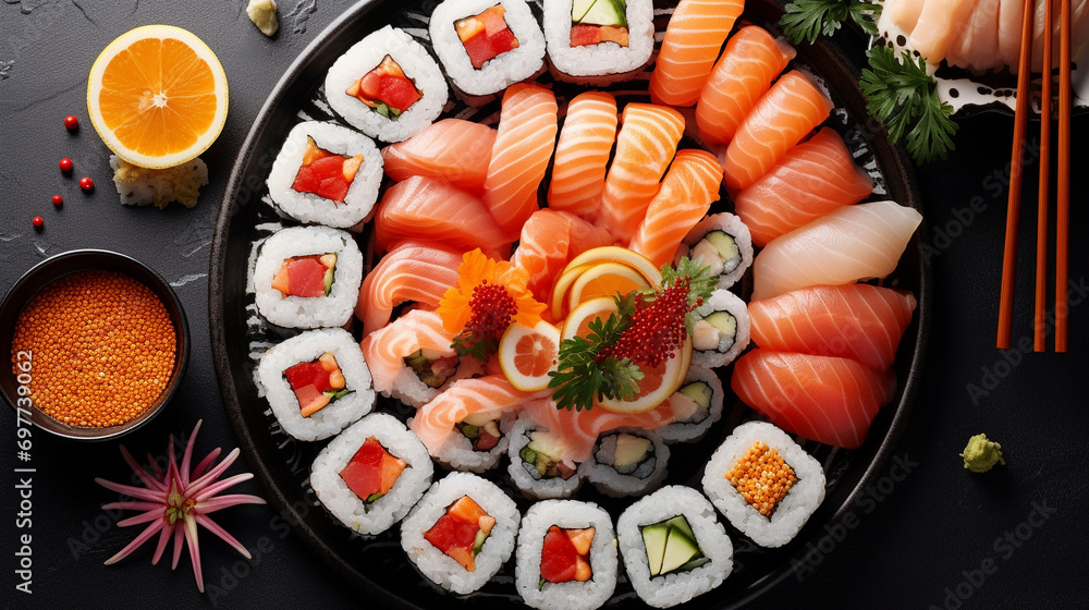 Seafood Symphony: Elegant Top-Down Shot of Savoring Sushi Pleasures, Generative AI Seafood Symphony: Elegant Top-Down Shot of Savoring Sushi Pleasures, Generative AI