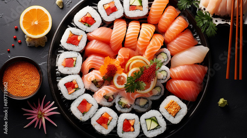 Seafood Symphony: Elegant Top-Down Shot of Savoring Sushi Pleasures, Generative AI