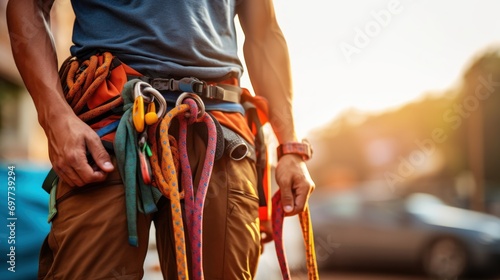 Close up of a man holding a rope and climbing equipment in his hands