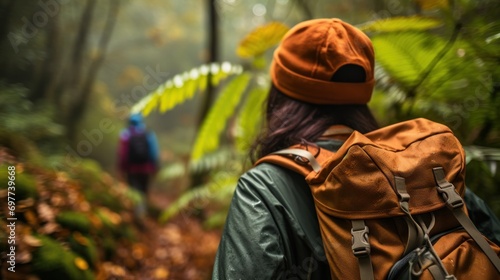 Back view of woman hiker with backpack hiking in forest during autumn season