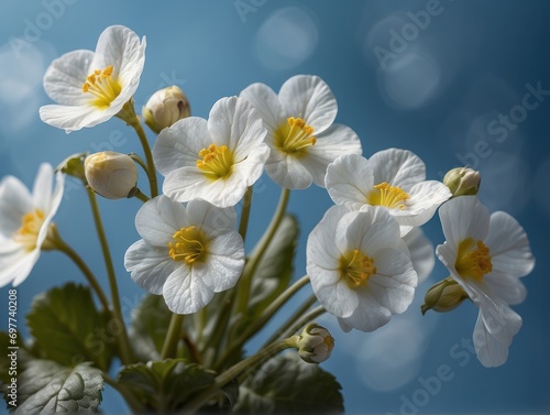Spring forest white flowers primroses on a beautiful blue background macro