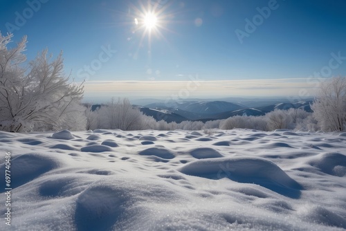 Winter snow background with snowdrifts, beautiful light and falling flakes of snow on blue sky
