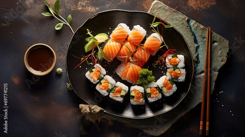Japanese Culinary Art: Top-Down Elegance on a Sushi Plate, Generative AI