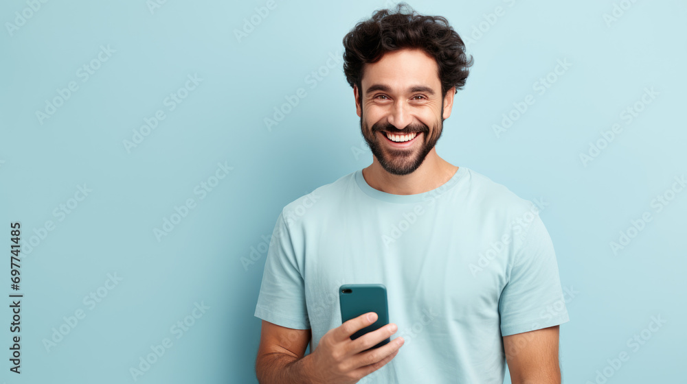 Young man smiling and holding his smartphone on a colored background - obrazy, fototapety, plakaty 