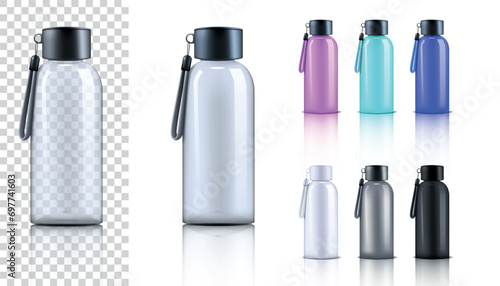 3D water bottle. Glass gym sport drink. Transparent blank or white empty plastic container with cap. Reusable flask realistic design. Glossy metal package. Vector isolated mockups set