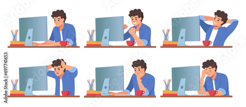 Man work character. Computer at desk, young male employee working on laptop, sad or stress, happy and angry emotions, tired office person face. Vector cartoon illustration, business concept