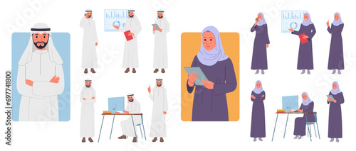 Arab characters. Saudi man and woman, Muslim teacher and businessman, Emirates employee work office in hijab, traditional suit, different Arabian workers. Vector cartoon flat illustration set