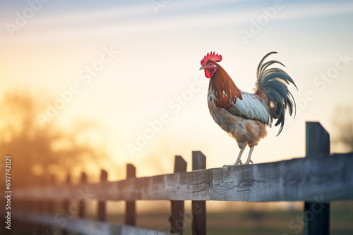 a rooster standing on a fence photo