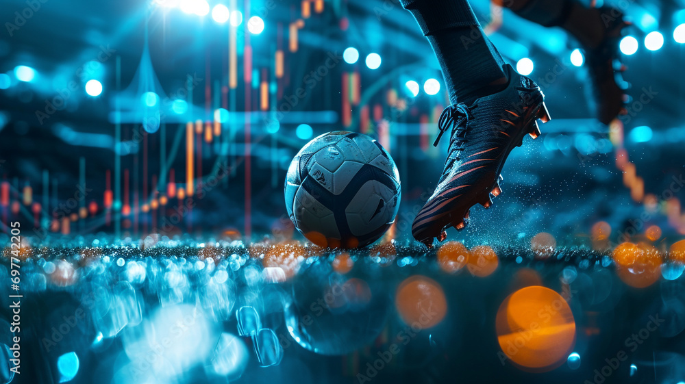 portrait of foot of a soccer player kicking a ball, investing or trading in stock or currency market background concept - obrazy, fototapety, plakaty 