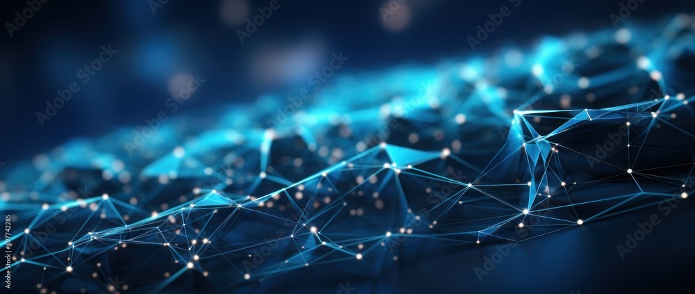 polygon, science, structure, tech, connection, futuristic, network, neural, connect, cyber. dynamic wave of particles and lines. abstract futuristic background. big data visualization. 3D rendering. - obrazy, fototapety, plakaty 