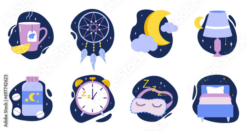 Night sleep. Nighttime relaxation. Bed pillow. Tea for relax. Dream catcher with feathers. Alarm clock. Goodnight cute drawing. Comfort in sky. Sleeping pill. Napping time vector set