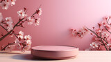 Empty podium or pedestal on a pink platform for product display, on a pink background.Nearby sakura flowers.Space for text