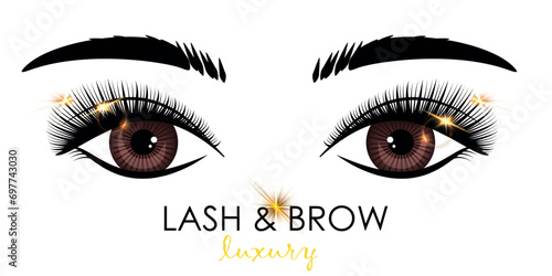 Eyelash extension. Beauty salon banner. Lengthening mascara. Makeup procedure. Curved false lash. Cosmetologist service. Female eye and brow. Beautician treatment card. Vector flyer design