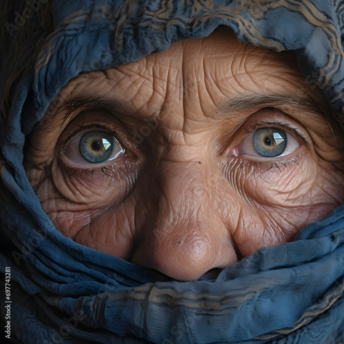 Close-up of the eyes of an elderly Arab woman wearing a hijab photo