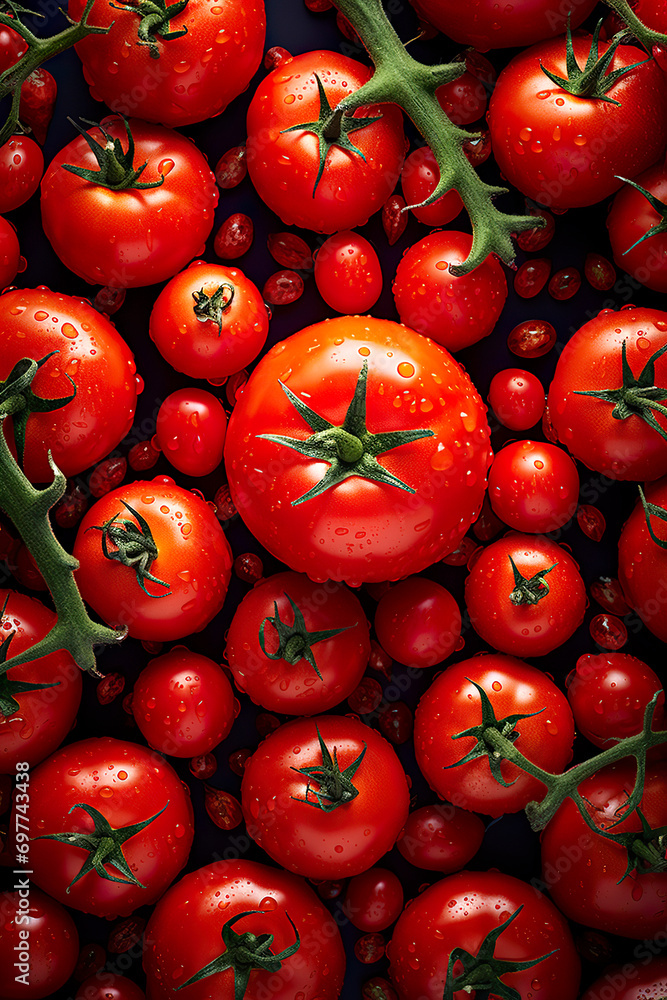 Generative AI illustration of fresh seasonal red tomatoes with water drops.