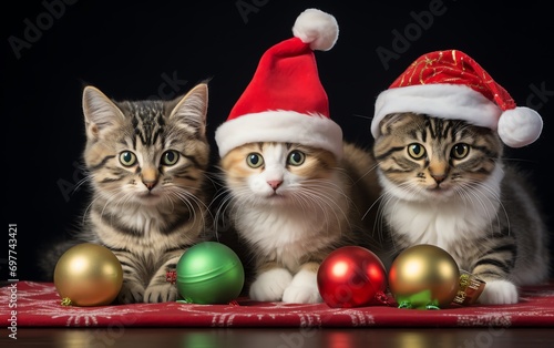 a group of kittens wearing santa hats and ornaments