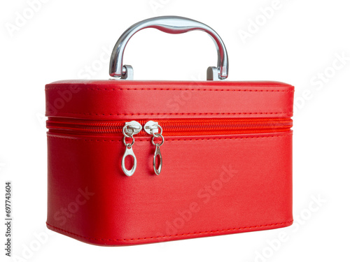 Red leather chest bag case with handle isolated on white background