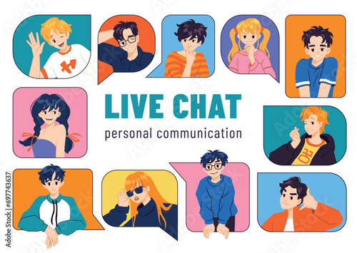 People act. Live chat. Online messages. Digital communication. Business talk. Students faces. Neighbor in window. Web messenger and video conference. Network technology vector banner