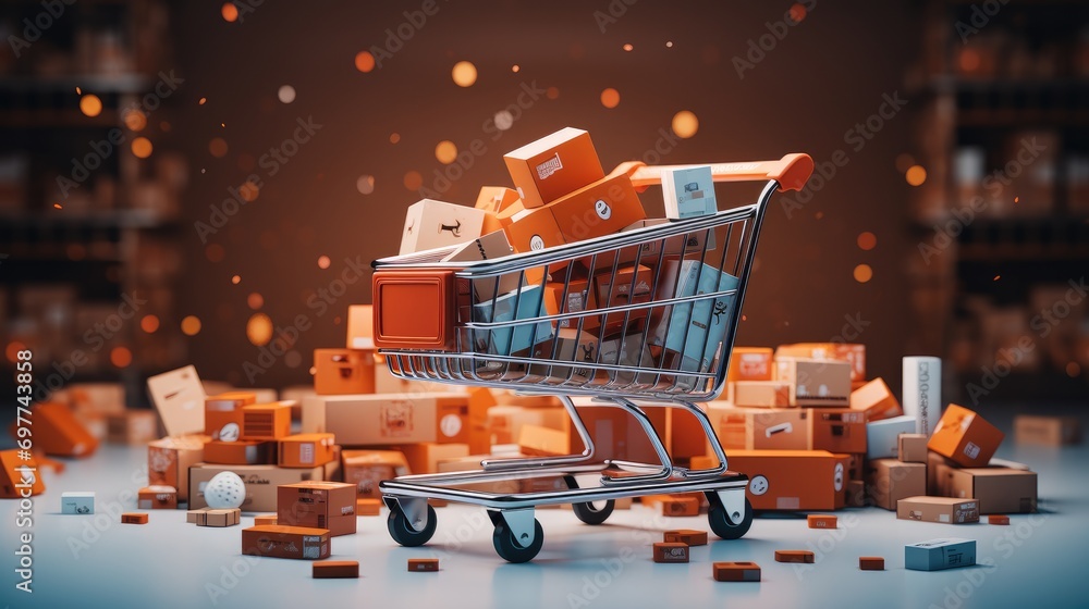 E-commerce elements with shopping cart, Express box, Electronic and digital products. Generative AI. - obrazy, fototapety, plakaty 