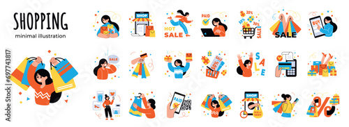 People shopping. Girl shop business, live outline coupons, commerce review, cute minimal style drawing collection. Online sale and discount advertising. Vector cartoon flat isolated set