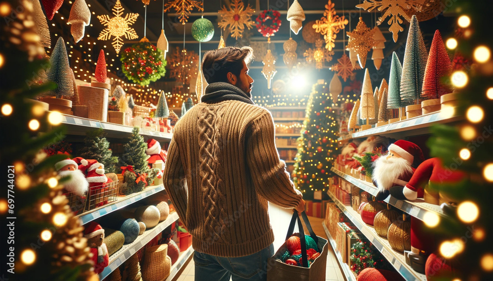 Man standing in a store filled with many Christmas decorations