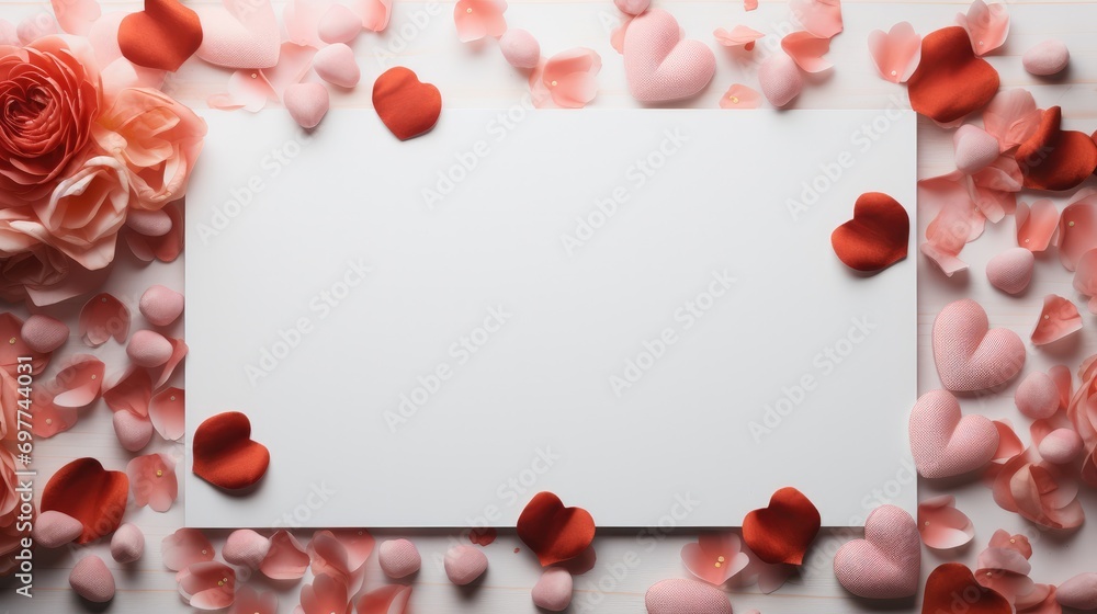 Obraz premium Flat lay Valentine Day Background Mockup with empty space in middle for product. Generative AI.