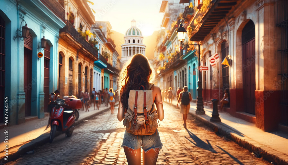 a girl traveler on a city street in cuba - obrazy, fototapety, plakaty 