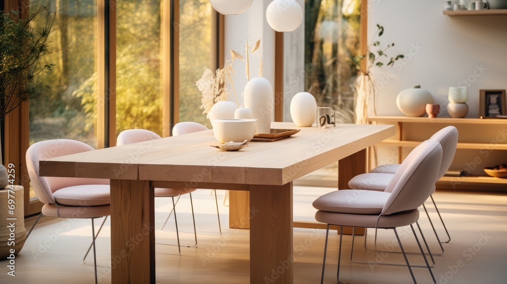 Wooden dining table inside living room. Generative AI.