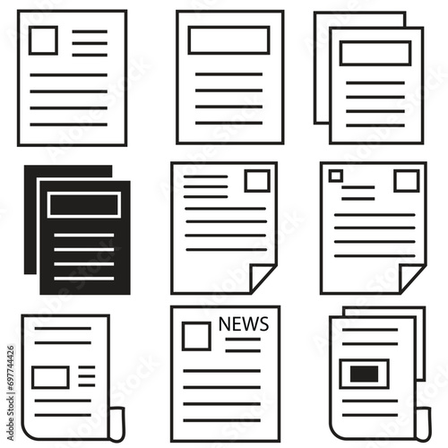 Newspaper icons. Icon set for news agency and online publish media websites. Vector illustration.