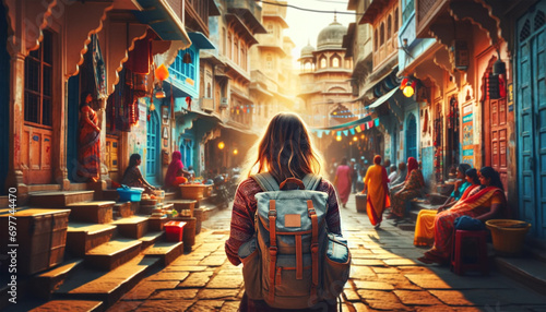 a traveler girl in the street of an old town in india