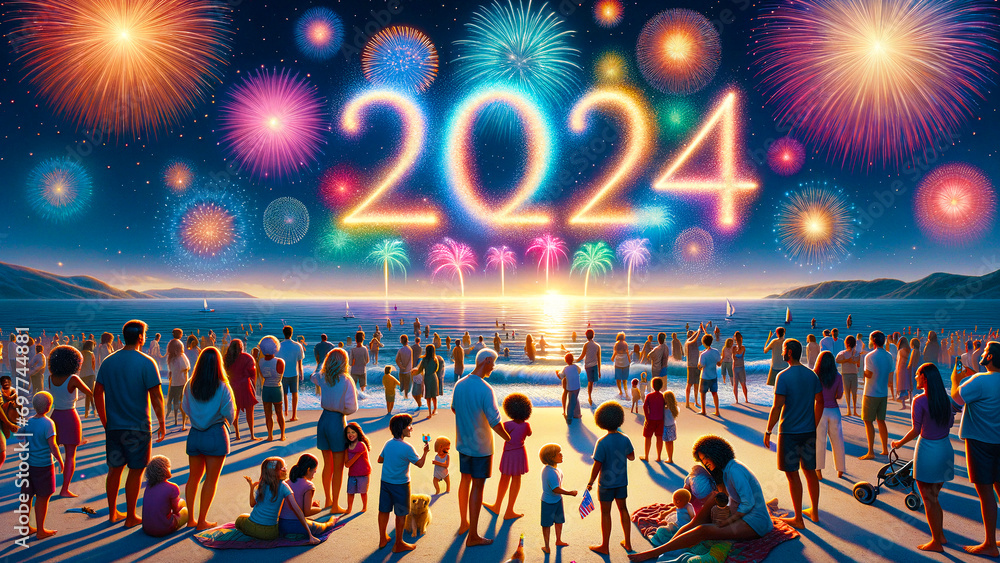 Fireworks celebration on New Year's Eve 2024 - diverse families enjoying the starry sky and festive fireworks display