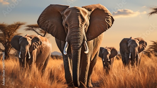 A herd of elephants walking across a dry grass field. Generative AI.